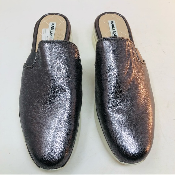 New Karl Lagerfeld Metallic Leather Slide Wedges - Picture 2 of 6